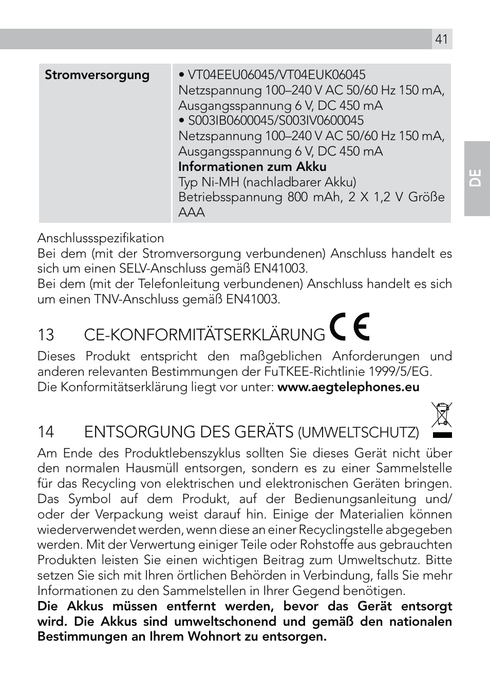 13 ce-konformitätserklärung, 14 entsorgung des geräts, En de | AEG Voxtel D570 User Manual | Page 41 / 84