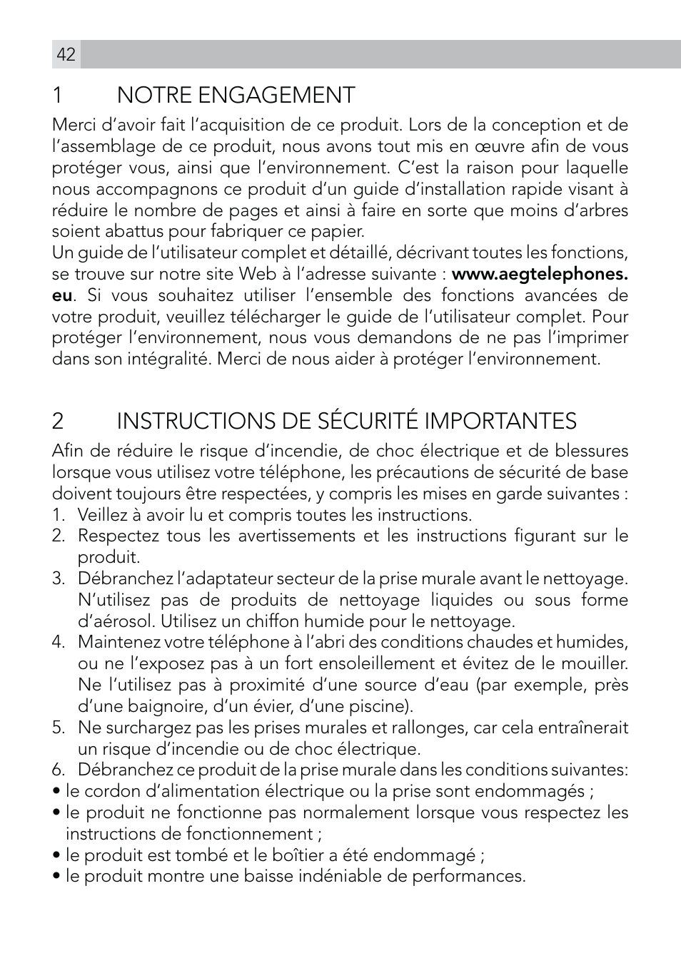 1 notre engagement, 2instructions de sécurité importantes | AEG Voxtel D570 User Manual | Page 42 / 84