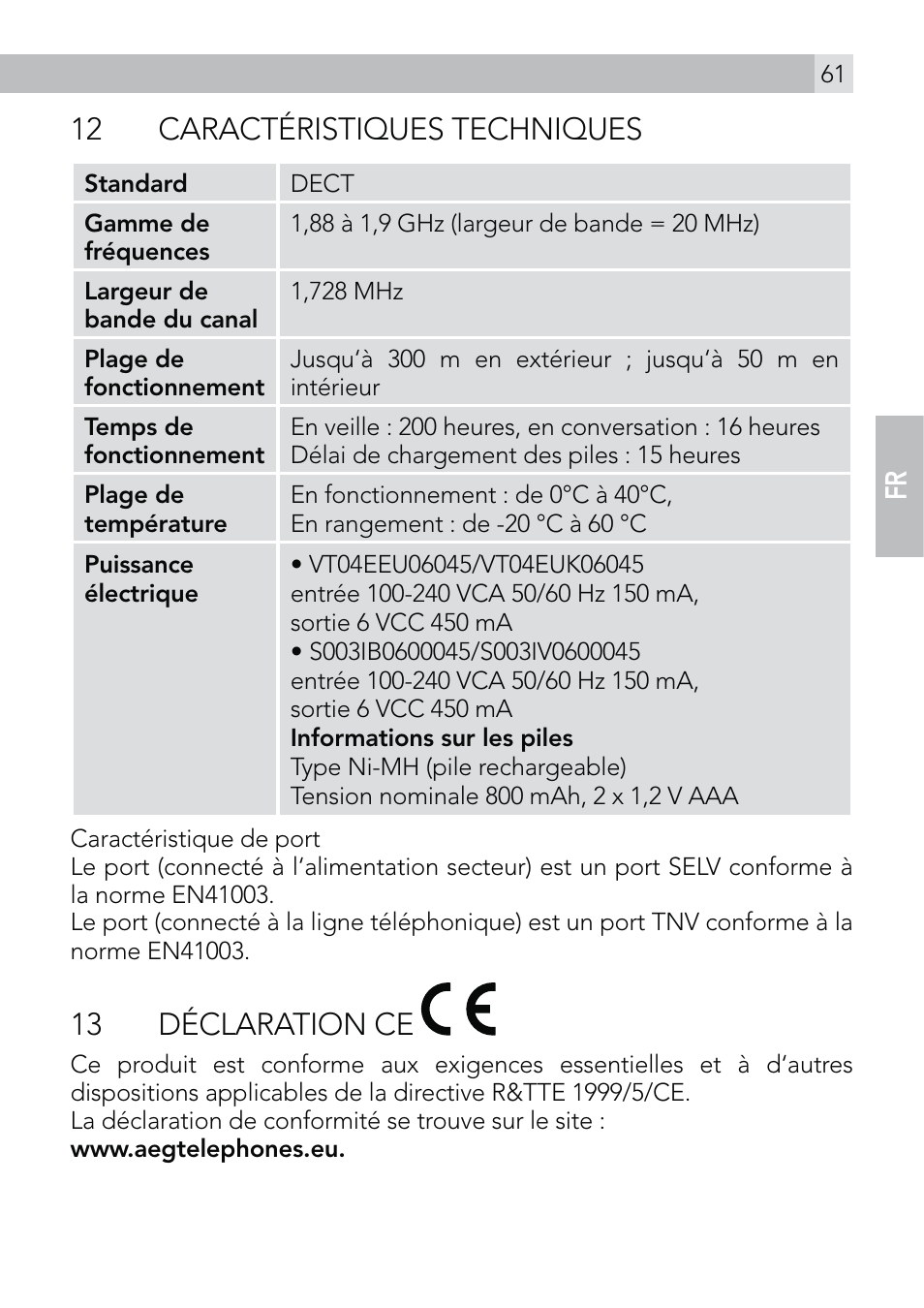 12 caractéristiques techniques, 13 déclaration ce | AEG Voxtel D570 User Manual | Page 61 / 84