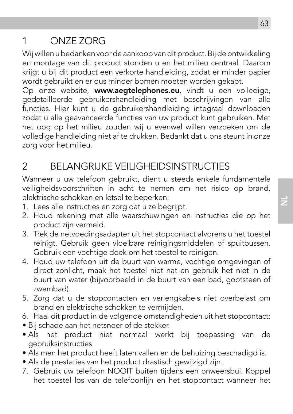 1 onze zorg, 2 belangrijke veiligheidsinstructies | AEG Voxtel D570 User Manual | Page 63 / 84