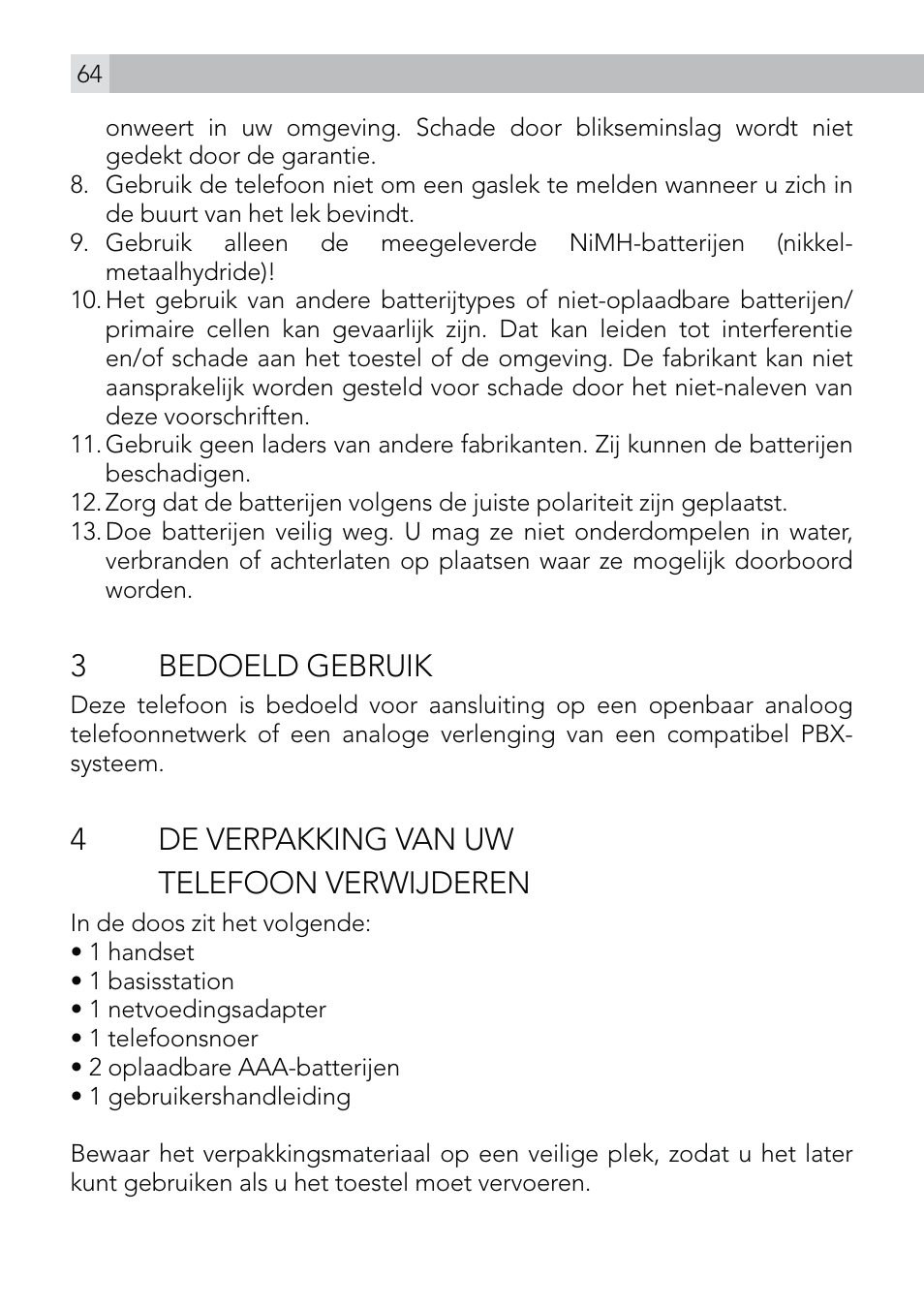 3 bedoeld gebruik, 4de verpakking van uw telefoon verwijderen | AEG Voxtel D570 User Manual | Page 64 / 84