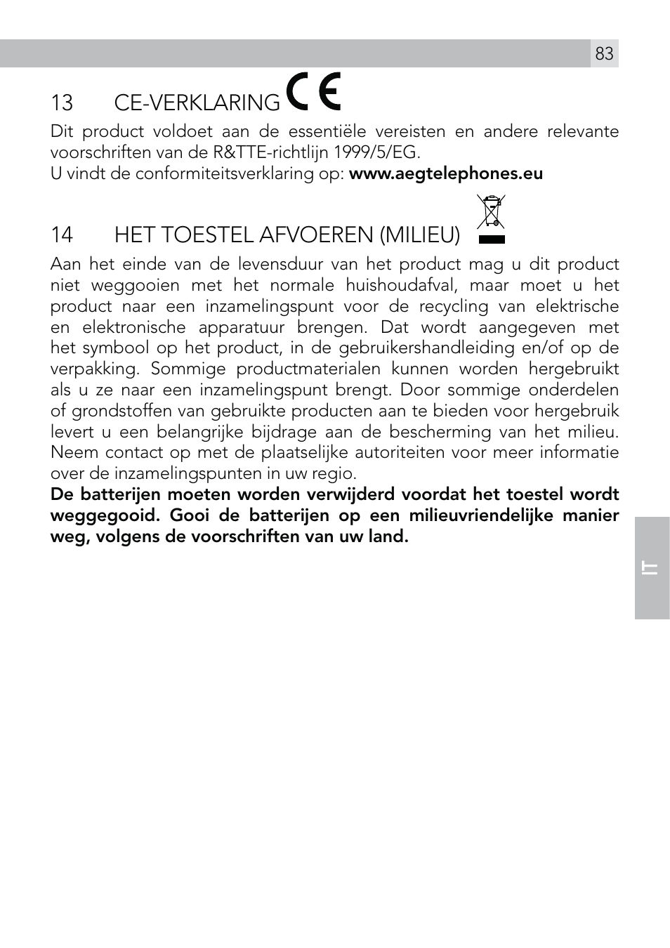 13 ce-verklaring, 14 het toestel afvoeren (milieu) | AEG Voxtel D570 User Manual | Page 83 / 84