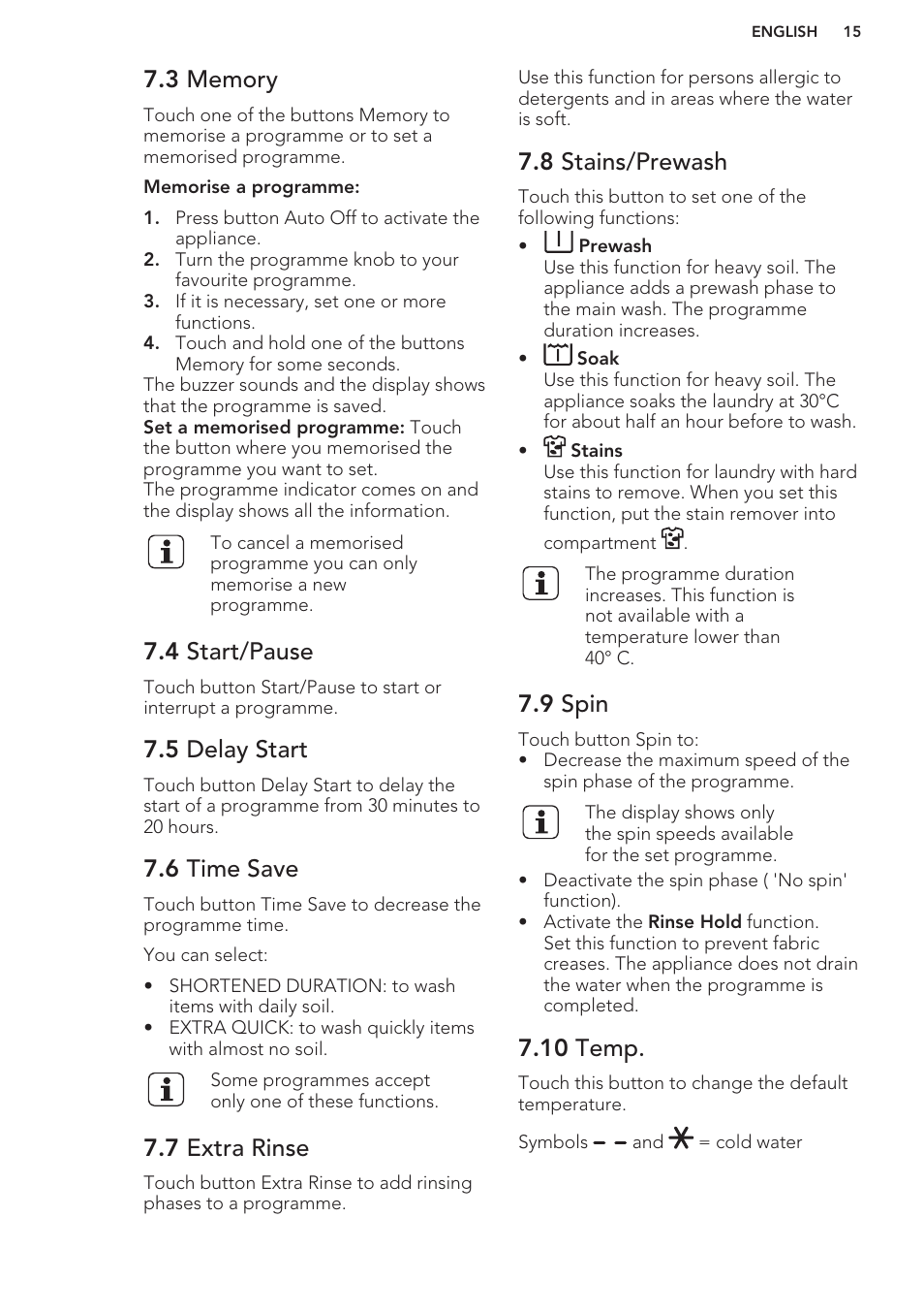 3 memory, 4 start/pause, 5 delay start | 6 time save, 7 extra rinse, 8 stains/prewash, 9 spin, 10 temp, Settings | AEG L98699FL User Manual | Page 15 / 32