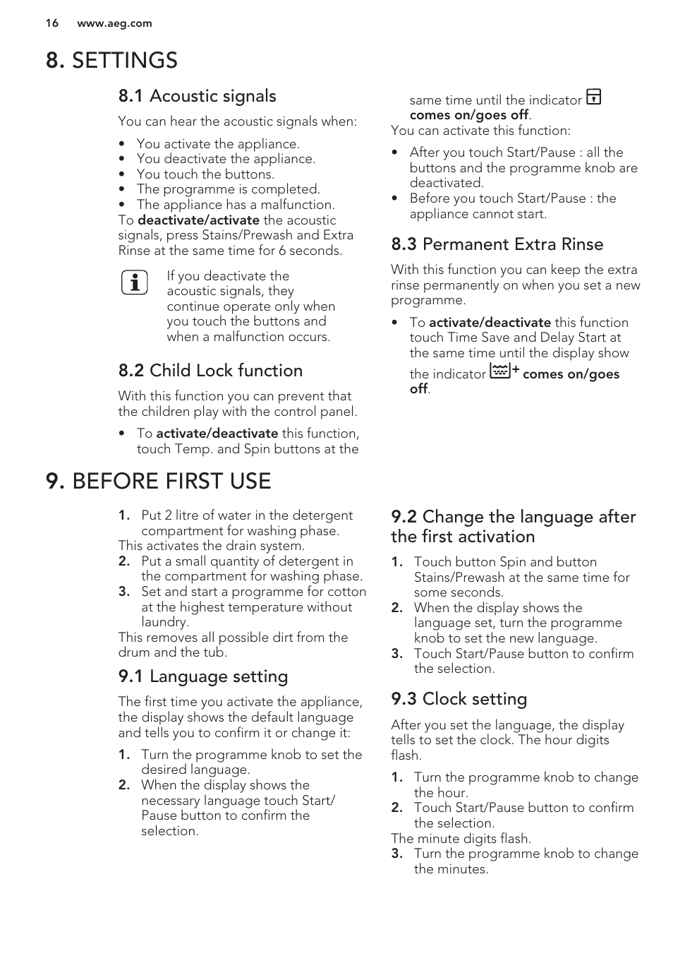 1 acoustic signals, 2 child lock function, 3 permanent extra rinse | Before first use, 1 language setting, 2 change the language after the first activation, 3 clock setting, Settings 9. before first use, Settings | AEG L98699FL User Manual | Page 16 / 32