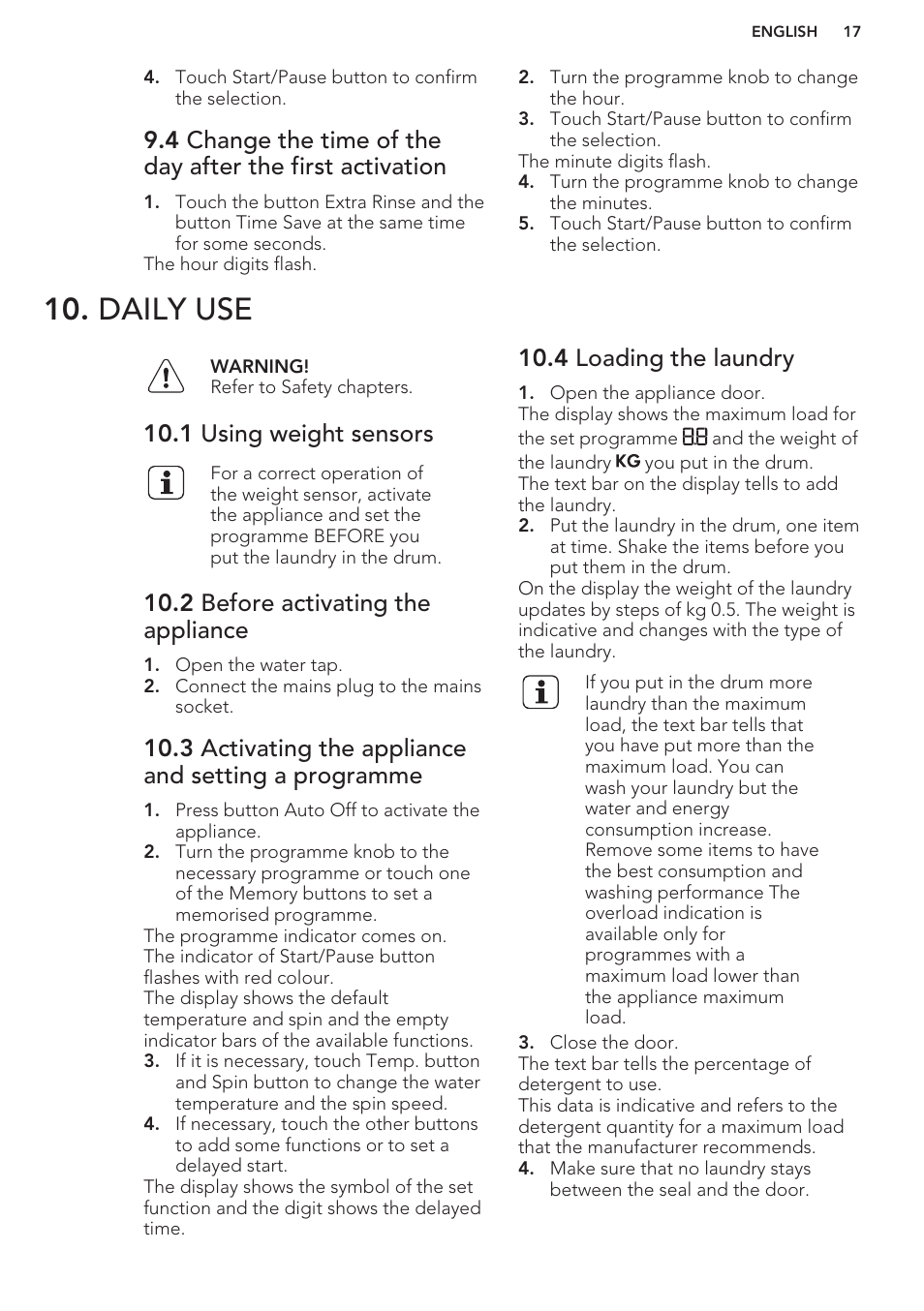 Daily use, 1 using weight sensors, 2 before activating the appliance | 3 activating the appliance and setting a programme, 4 loading the laundry | AEG L98699FL User Manual | Page 17 / 32