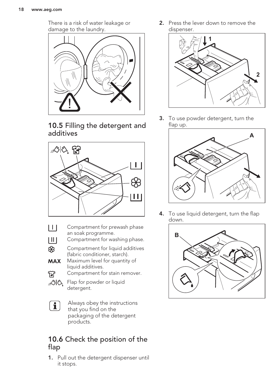 5 filling the detergent and additives, 6 check the position of the flap | AEG L98699FL User Manual | Page 18 / 32