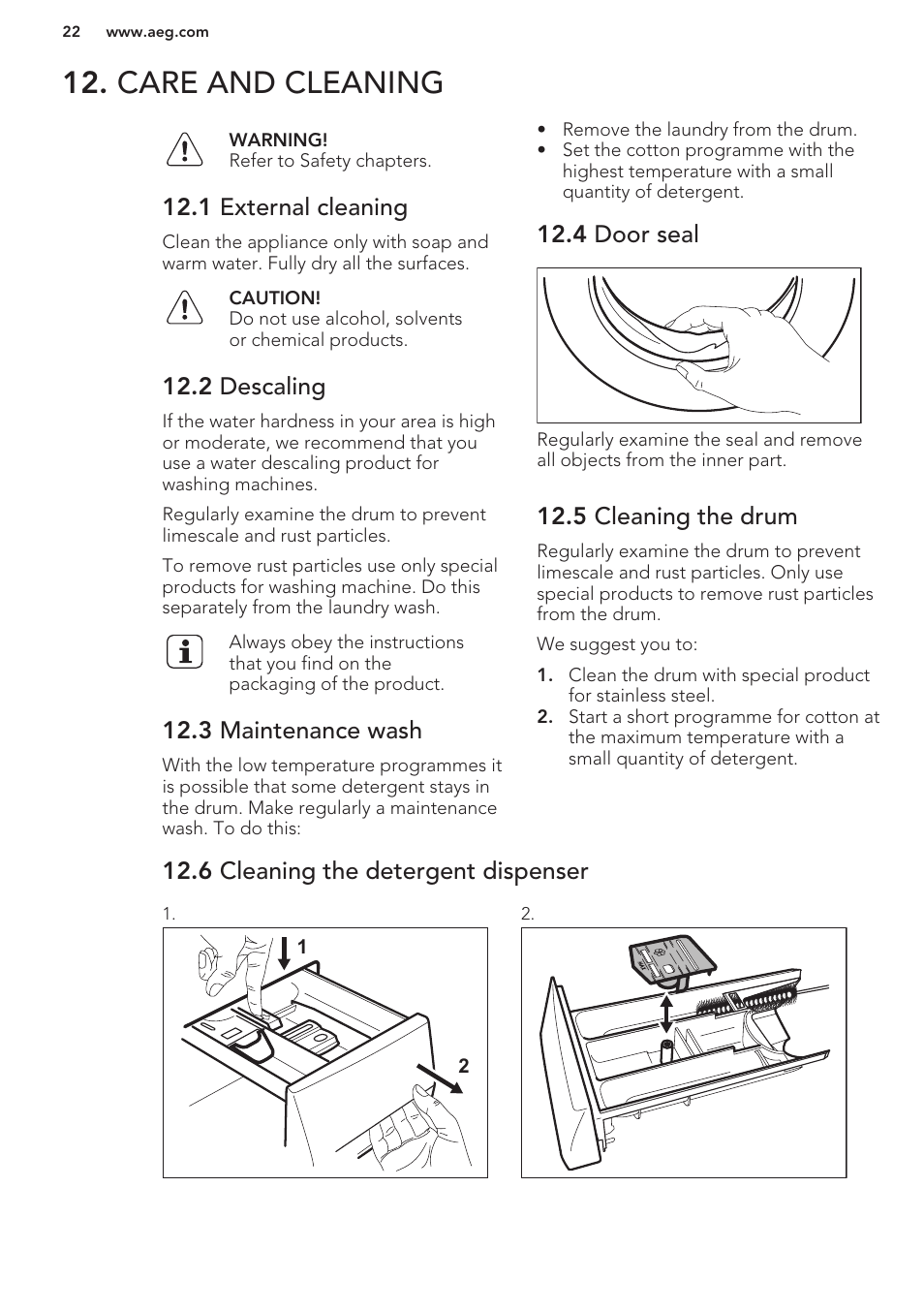 1 external cleaning, 2 descaling, 3 maintenance wash | 4 door seal, 5 cleaning the drum, 6 cleaning the detergent dispenser, Care and cleaning | AEG L98699FL User Manual | Page 22 / 32