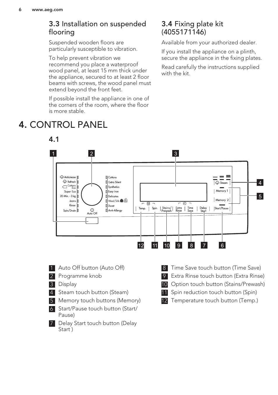 3 installation on suspended flooring, 4 fixing plate kit (4055171146), Control panel | AEG L98699FL User Manual | Page 6 / 32
