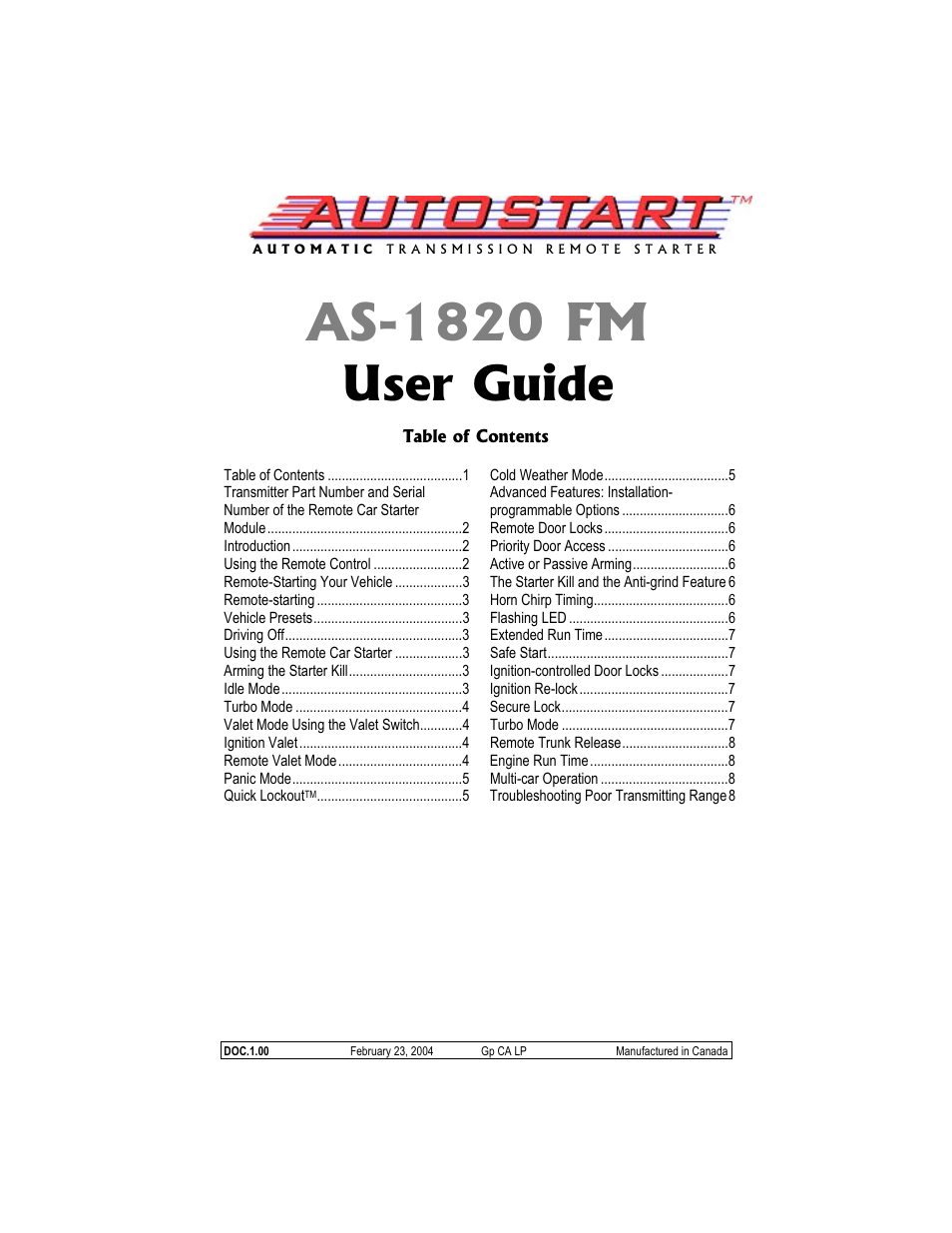 Autostart AS-1820 FM User Manual | 8 pages