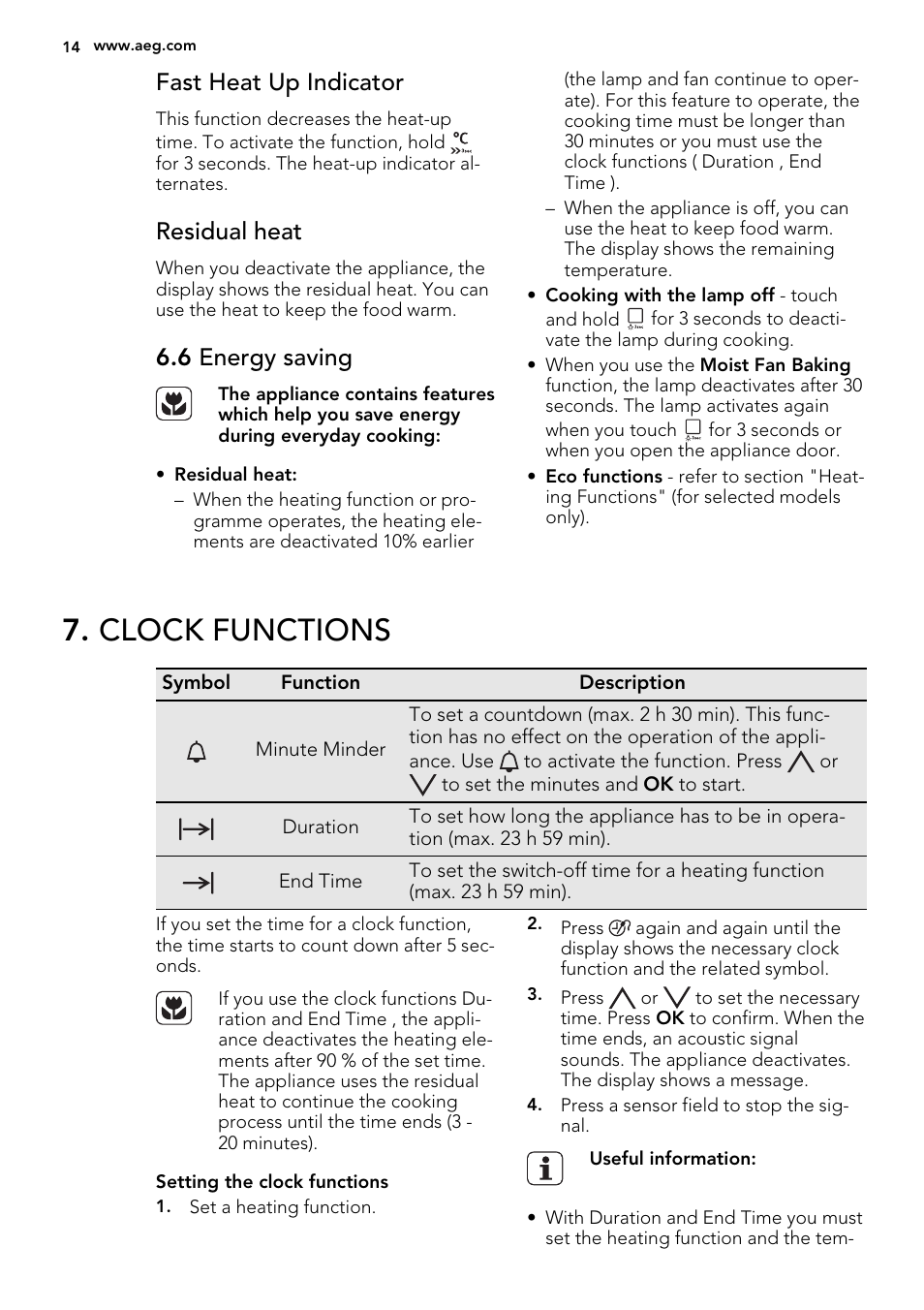 Clock functions, Fast heat up indicator, Residual heat | 6 energy saving | AEG BE3003021W User Manual | Page 14 / 48