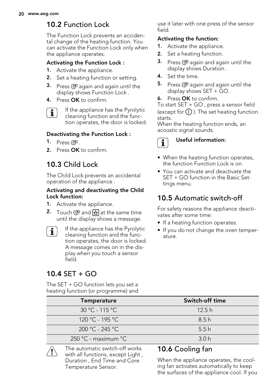 2 function lock, 3 child lock, 4 set + go | 5 automatic switch-off, 6 cooling fan | AEG BE3003021W User Manual | Page 20 / 48