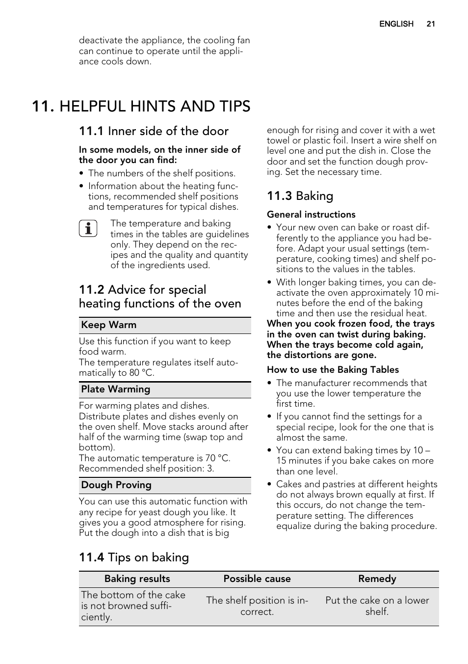 Helpful hints and tips, 1 inner side of the door, 2 advice for special heating functions of the oven | 3 baking, 4 tips on baking | AEG BE3003021W User Manual | Page 21 / 48