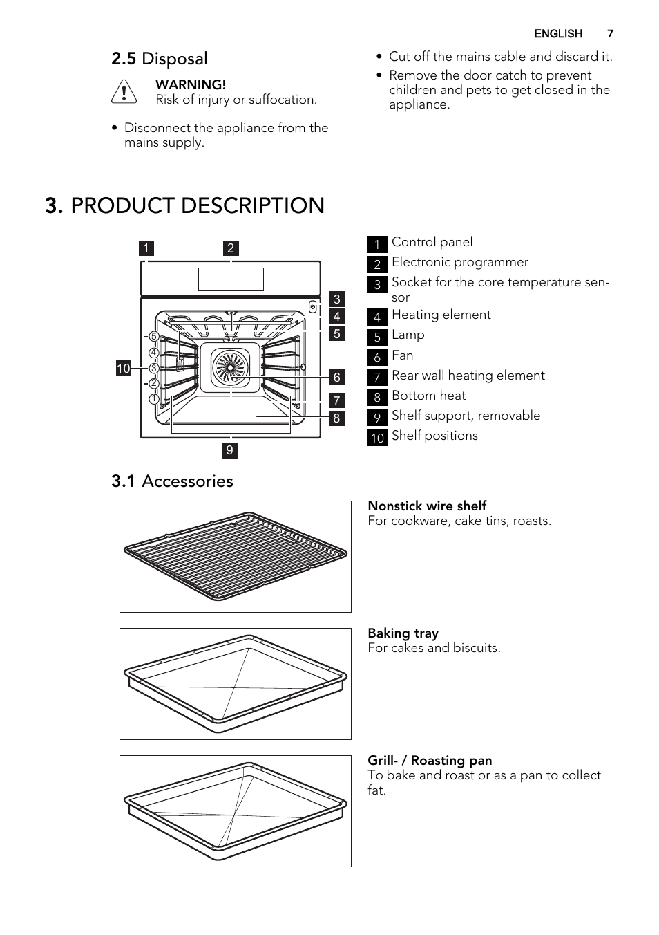 Product description, 5 disposal, 1 accessories | AEG BE3003021W User Manual | Page 7 / 48