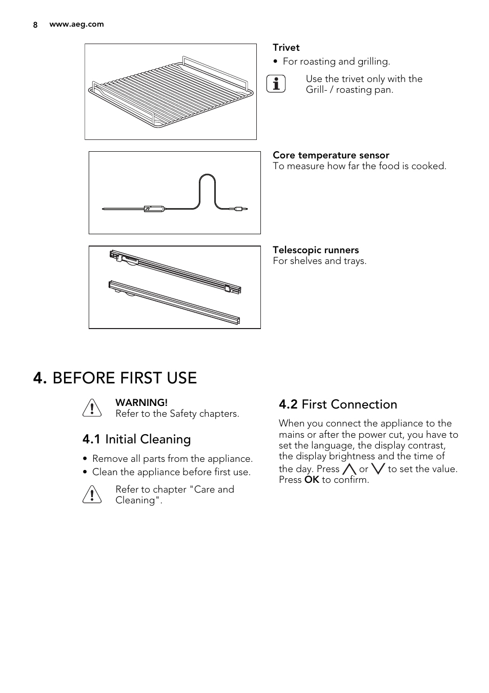 Before first use, 1 initial cleaning, 2 first connection | AEG BE3003021W User Manual | Page 8 / 48