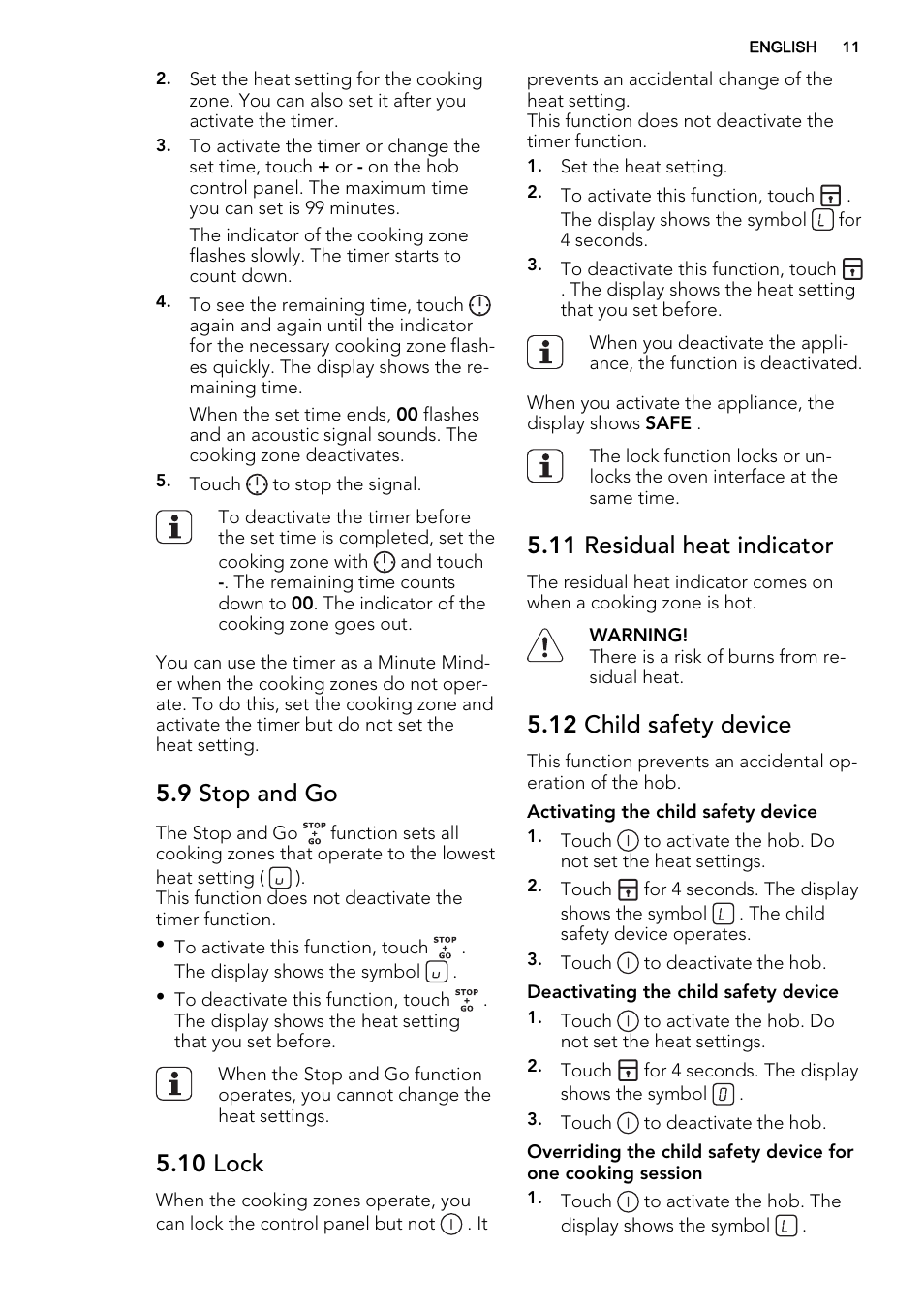 9 stop and go, 10 lock, 11 residual heat indicator | 12 child safety device | AEG 49332I-MN User Manual | Page 11 / 40