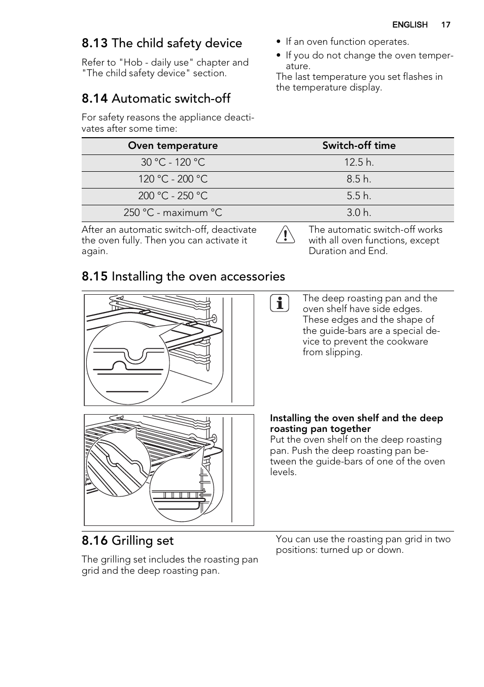 13 the child safety device, 14 automatic switch-off, 15 installing the oven accessories | 16 grilling set | AEG 49332I-MN User Manual | Page 17 / 40