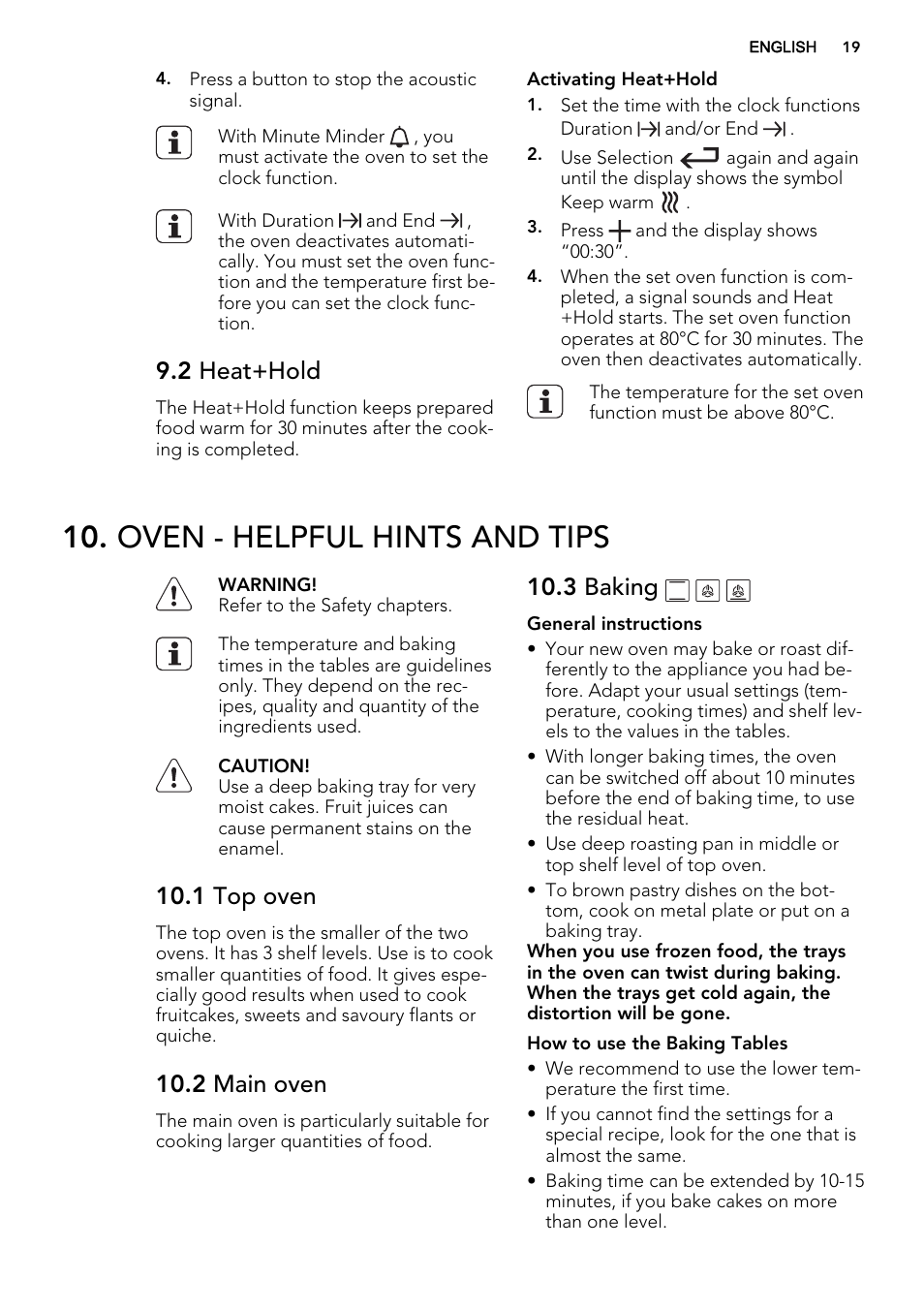 Oven - helpful hints and tips, 2 heat+hold, 1 top oven | 2 main oven, 3 baking | AEG 49332I-MN User Manual | Page 19 / 40