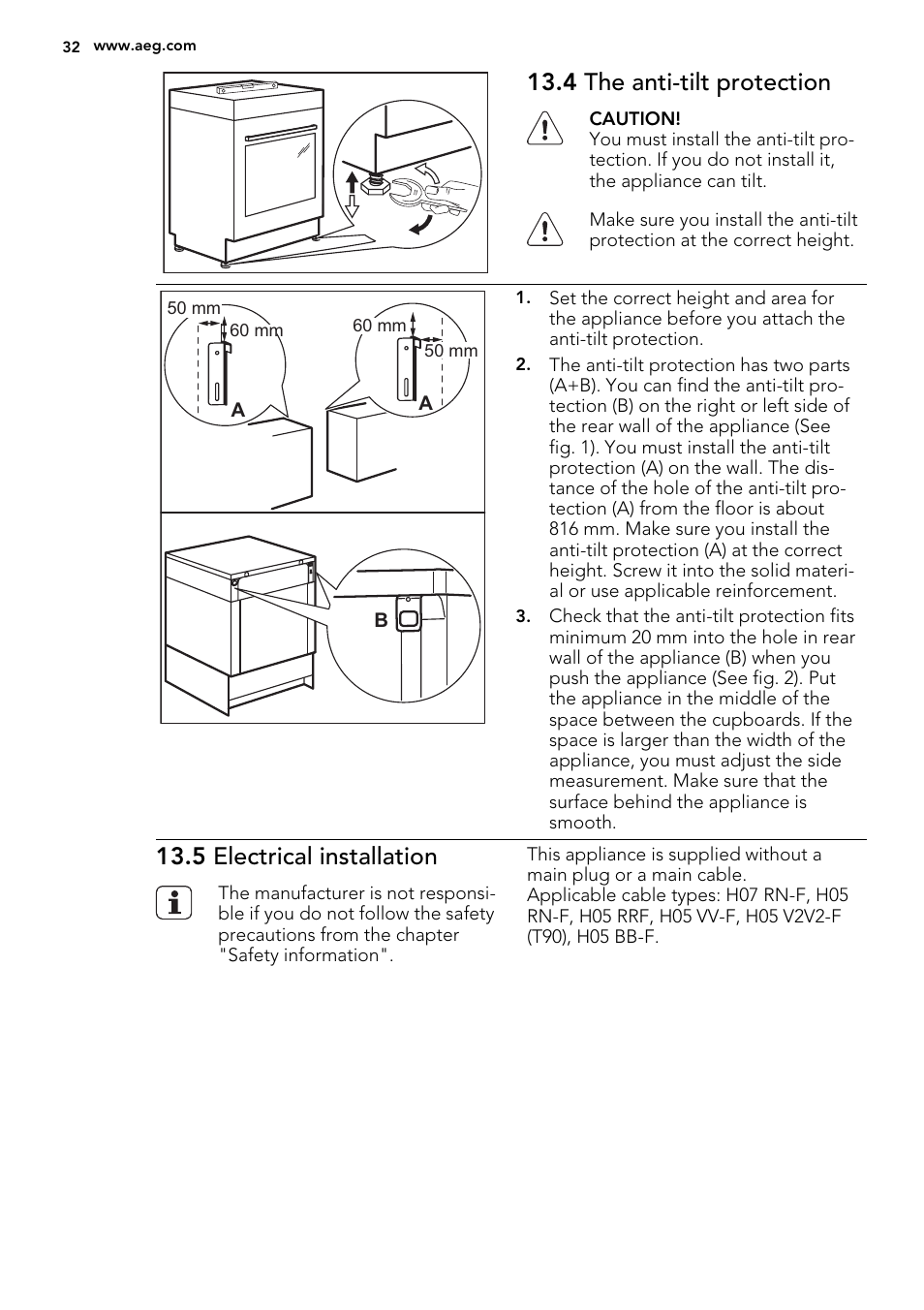 4 the anti-tilt protection, 5 electrical installation | AEG 49332I-MN User Manual | Page 32 / 40