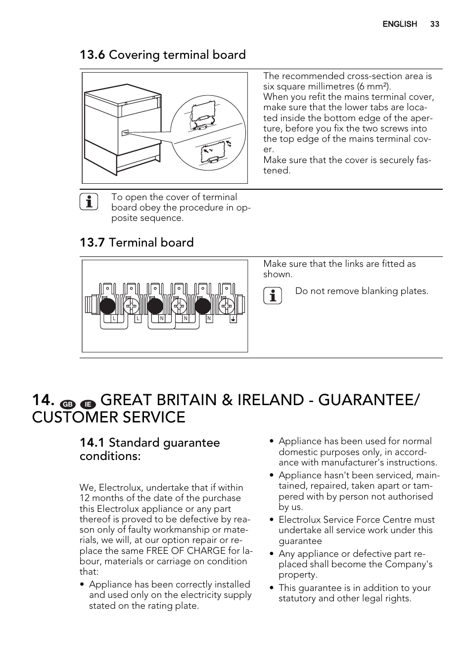 6 covering terminal board, 7 terminal board, 1 standard guarantee conditions | AEG 49332I-MN User Manual | Page 33 / 40