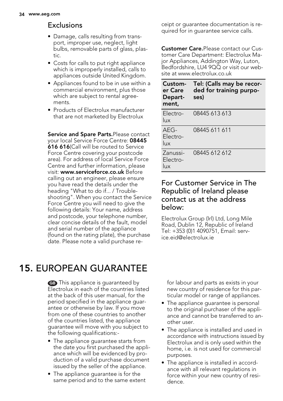 European guarantee, Exclusions | AEG 49332I-MN User Manual | Page 34 / 40