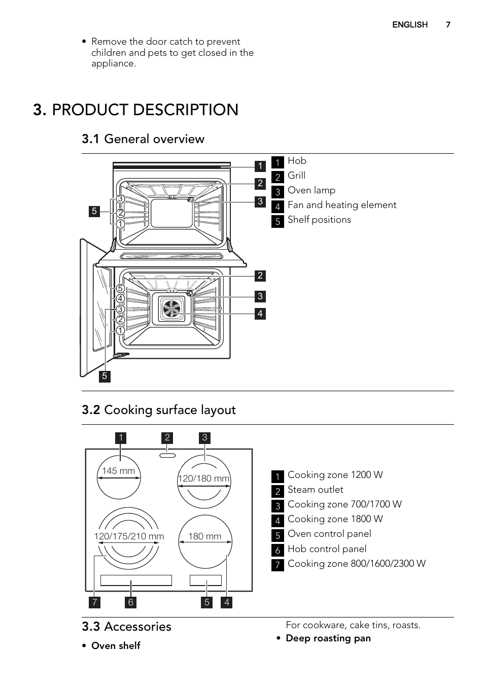 Product description, 1 general overview, 2 cooking surface layout | 3 accessories | AEG 49332I-MN User Manual | Page 7 / 40