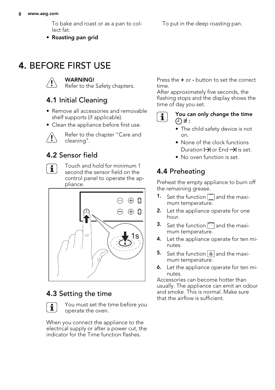 Before first use, 1 initial cleaning, 2 sensor field | 3 setting the time, 4 preheating | AEG 49332I-MN User Manual | Page 8 / 40