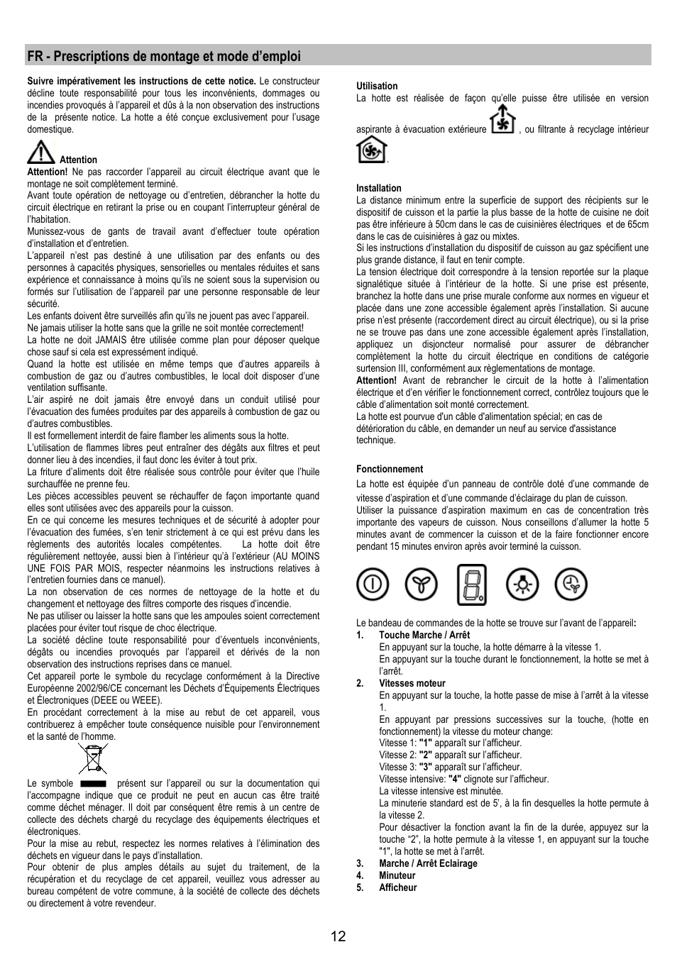 Fr - prescriptions de montage et mode d’emploi | AEG X79283MG0 User Manual | Page 12 / 72