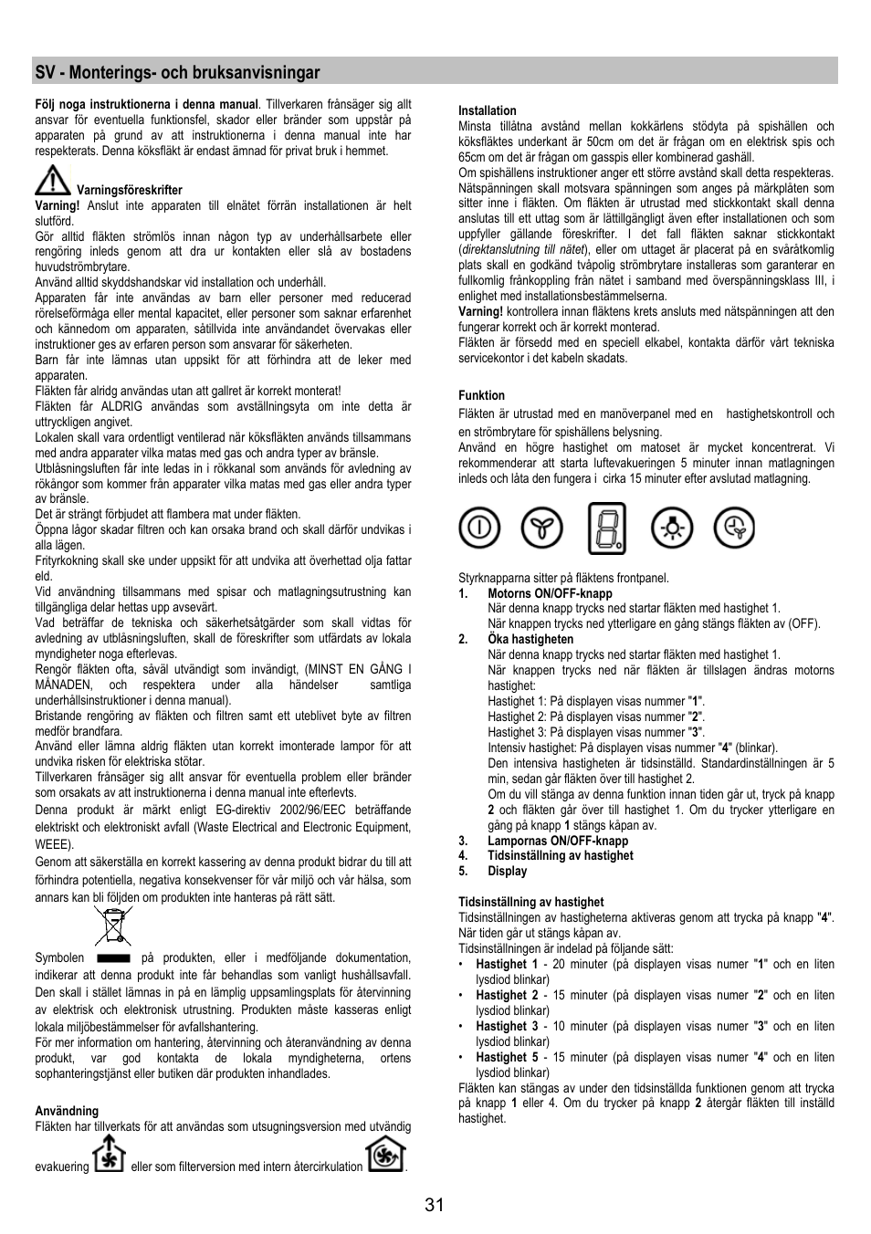 Sv - monterings- och bruksanvisningar | AEG X79283MG0 User Manual | Page 31 / 72