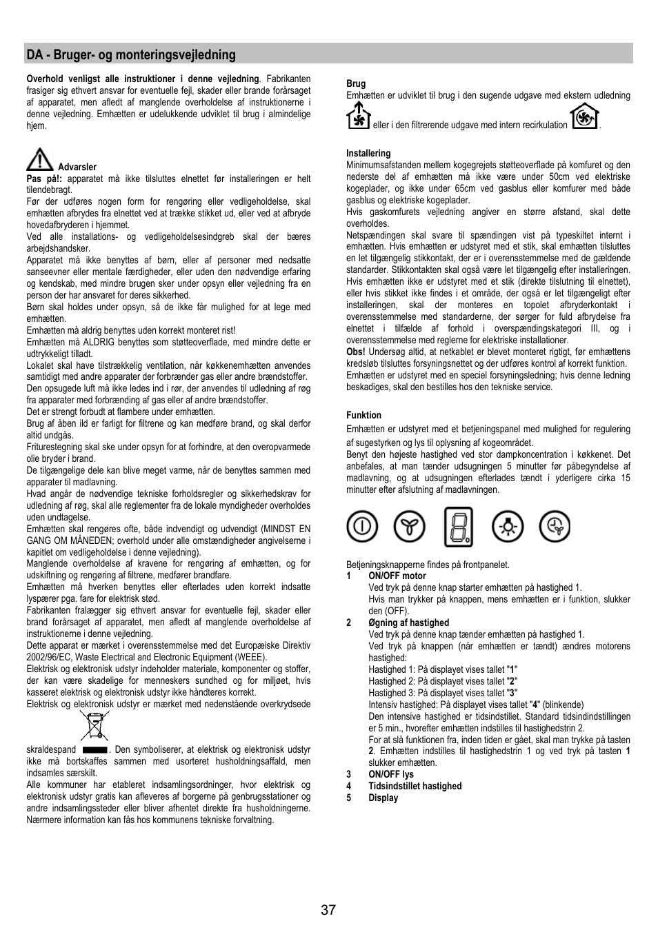 Da - bruger- og monteringsvejledning | AEG X79283MG0 User Manual | Page 37 / 72