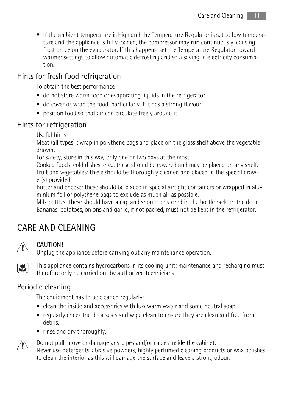 Care and cleaning, Hints for fresh food refrigeration, Hints for refrigeration | Periodic cleaning | AEG SKS58200F0 User Manual | Page 11 / 20