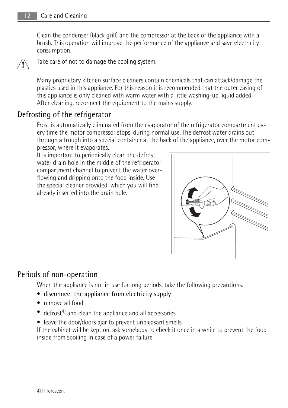 Defrosting of the refrigerator, Periods of non-operation | AEG SKS58200F0 User Manual | Page 12 / 20