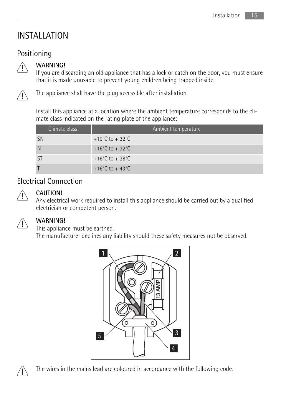 Installation, Positioning, Electrical connection | AEG SKS58200F0 User Manual | Page 15 / 20