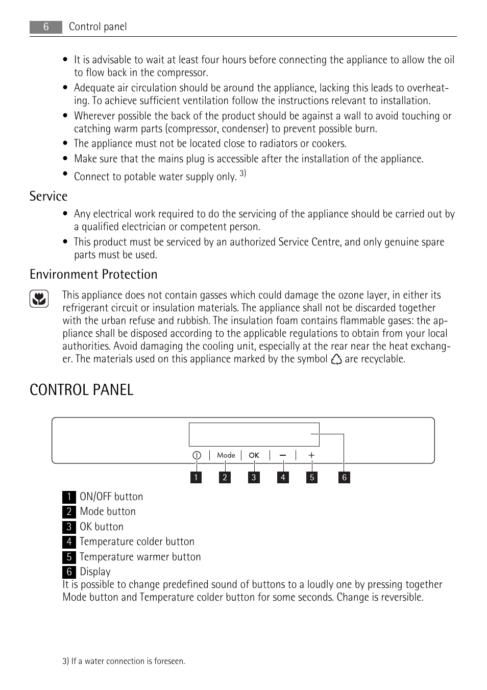 Control panel, Service, Environment protection | AEG SKS58200F0 User Manual | Page 6 / 20