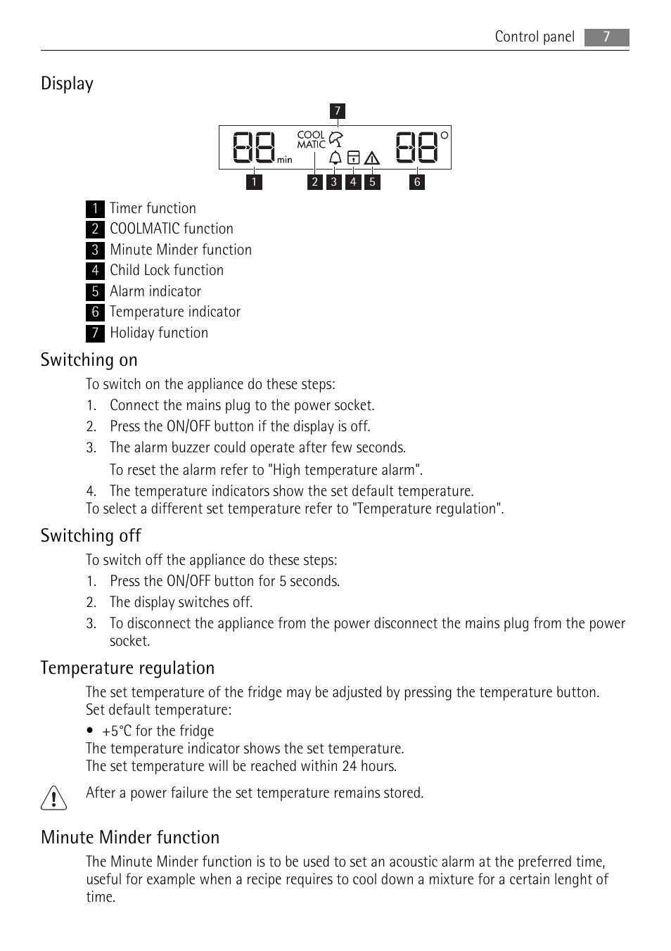 Display, Switching on, Switching off | Temperature regulation, Minute minder function | AEG SKS58200F0 User Manual | Page 7 / 20