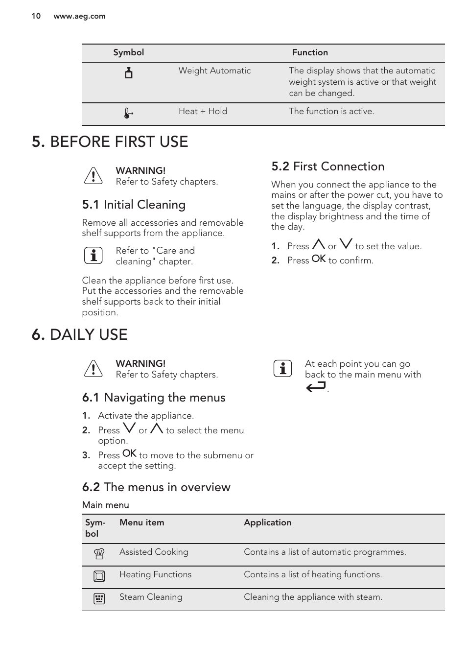 Before first use, 1 initial cleaning, 2 first connection | Daily use, 1 navigating the menus, 2 the menus in overview, Before first use 6. daily use | AEG BS7304021M User Manual | Page 10 / 48