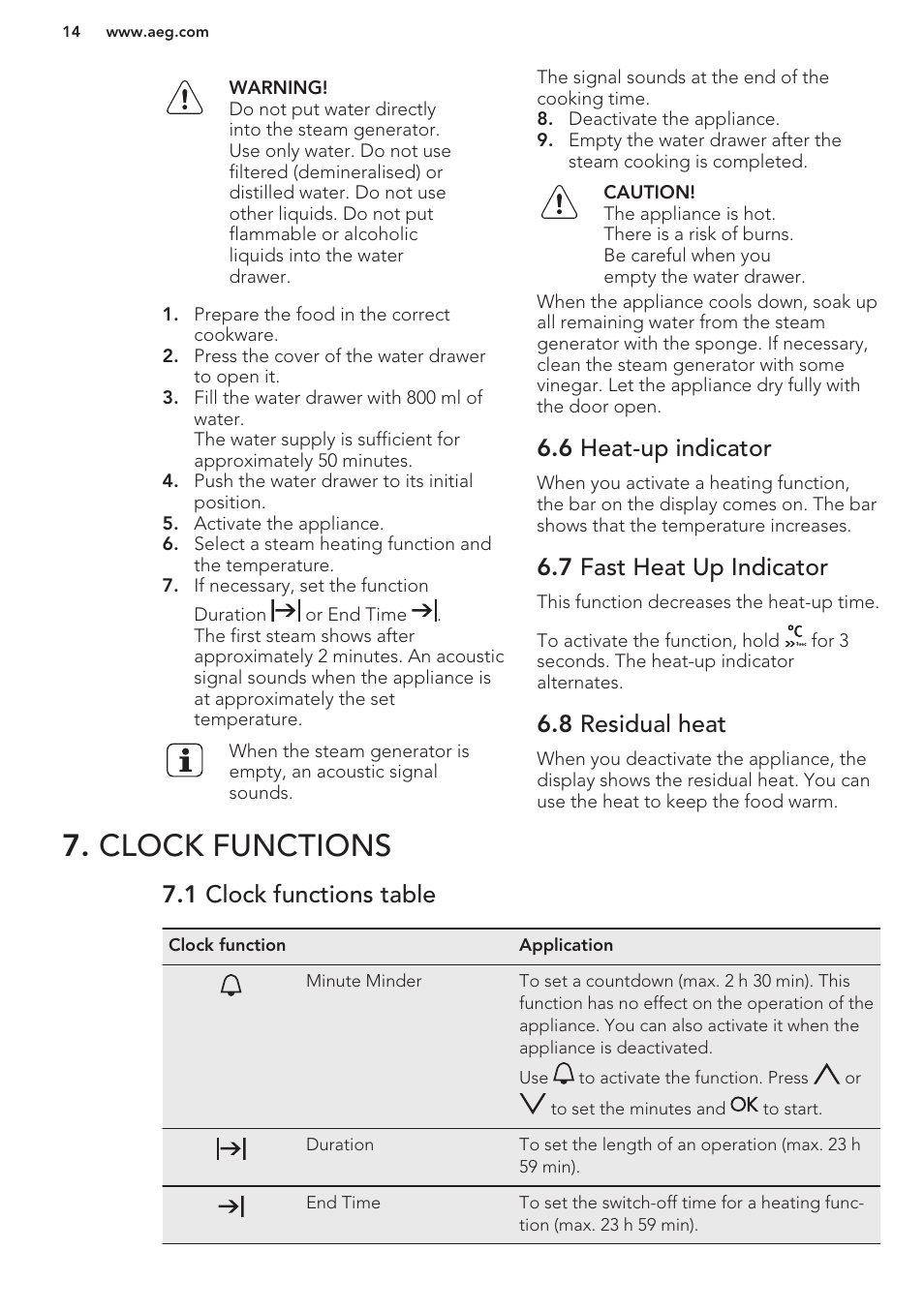 6 heat-up indicator, 7 fast heat up indicator, 8 residual heat | Clock functions, 1 clock functions table | AEG BS7304021M User Manual | Page 14 / 48