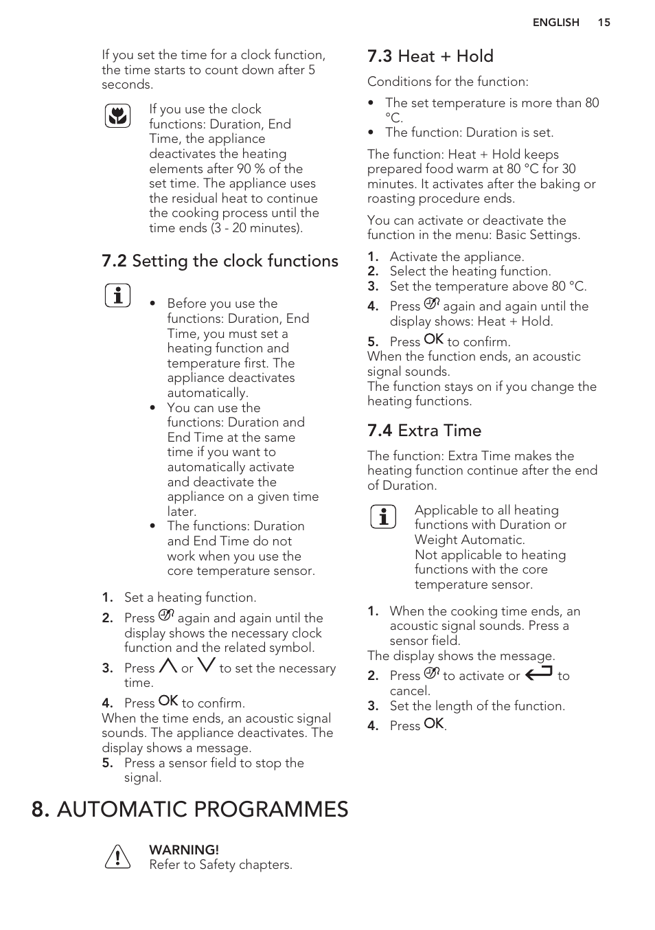 2 setting the clock functions, 3 heat + hold, 4 extra time | Automatic programmes | AEG BS7304021M User Manual | Page 15 / 48