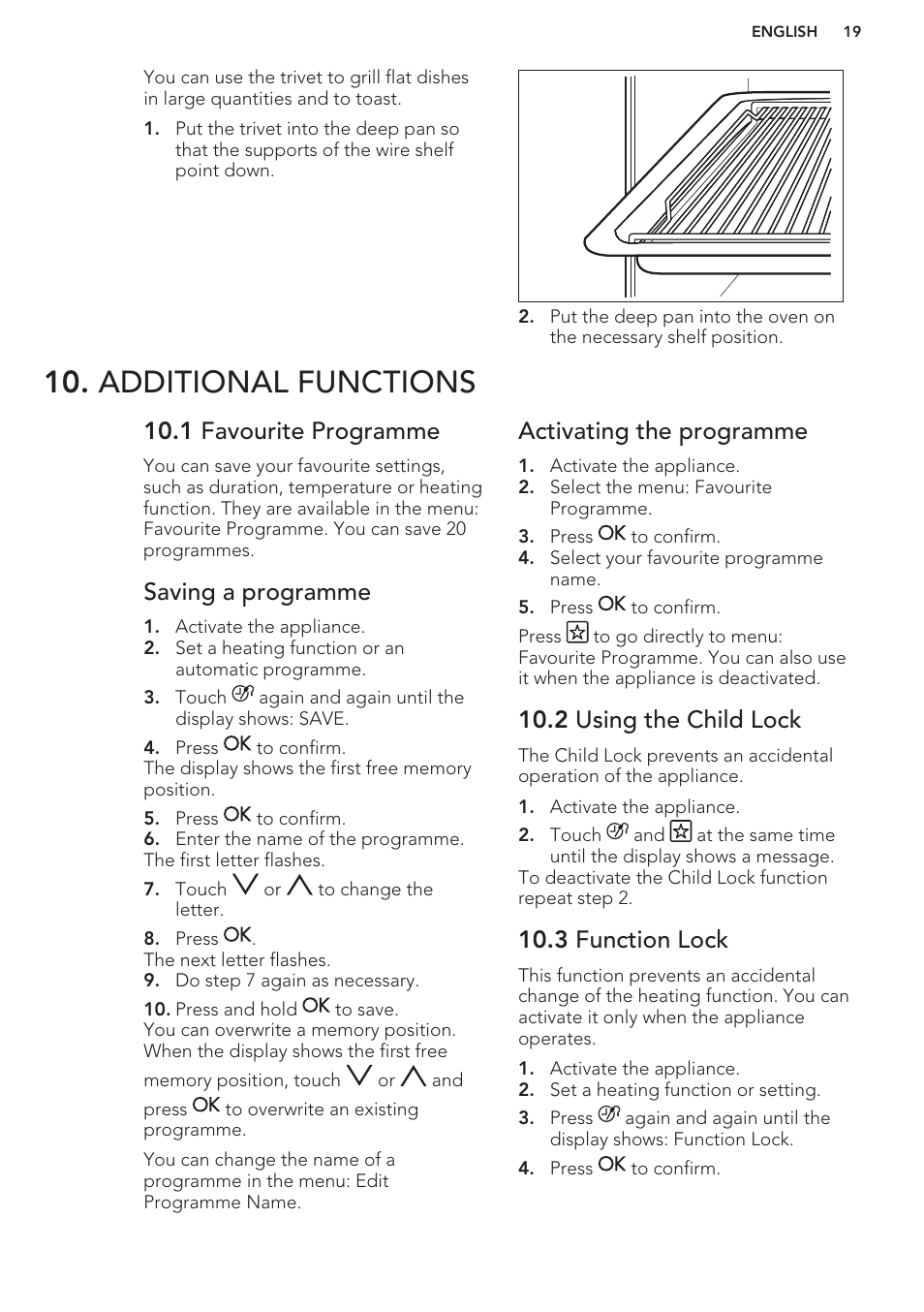 Additional functions, 1 favourite programme, Saving a programme | Activating the programme, 2 using the child lock, 3 function lock | AEG BS7304021M User Manual | Page 19 / 48