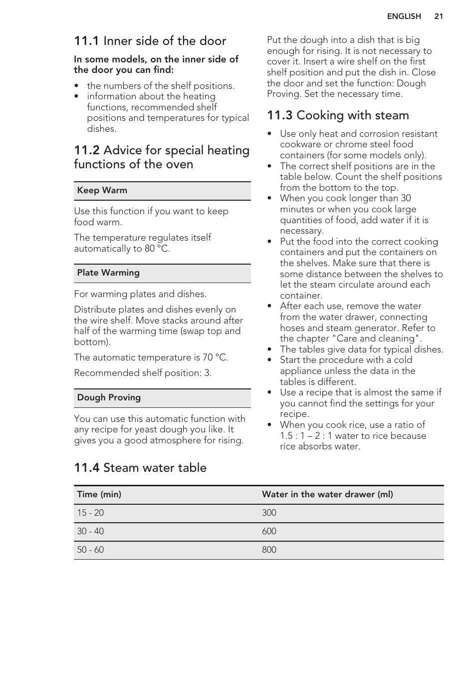 1 inner side of the door, 2 advice for special heating functions of the oven, 3 cooking with steam | 4 steam water table | AEG BS7304021M User Manual | Page 21 / 48