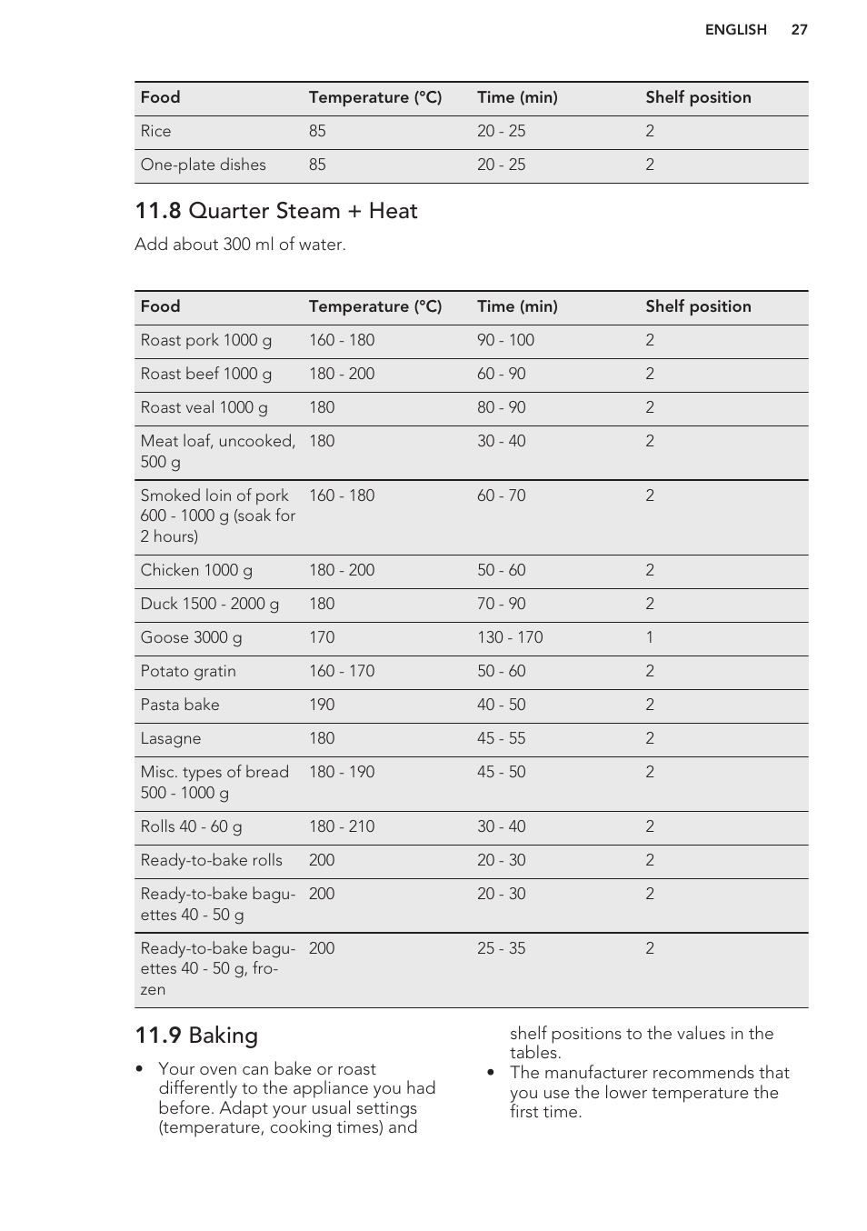 8 quarter steam + heat, 9 baking | AEG BS7304021M User Manual | Page 27 / 48
