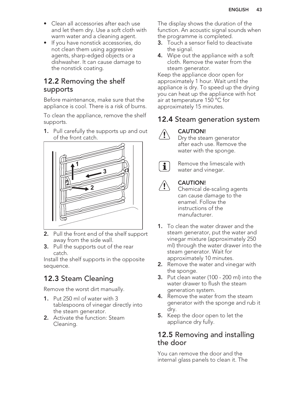 2 removing the shelf supports, 3 steam cleaning, 4 steam generation system | 5 removing and installing the door | AEG BS7304021M User Manual | Page 43 / 48