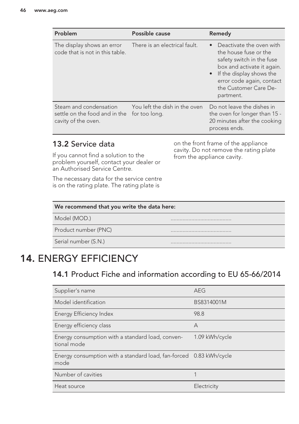 2 service data, Energy efficiency | AEG BS7304021M User Manual | Page 46 / 48