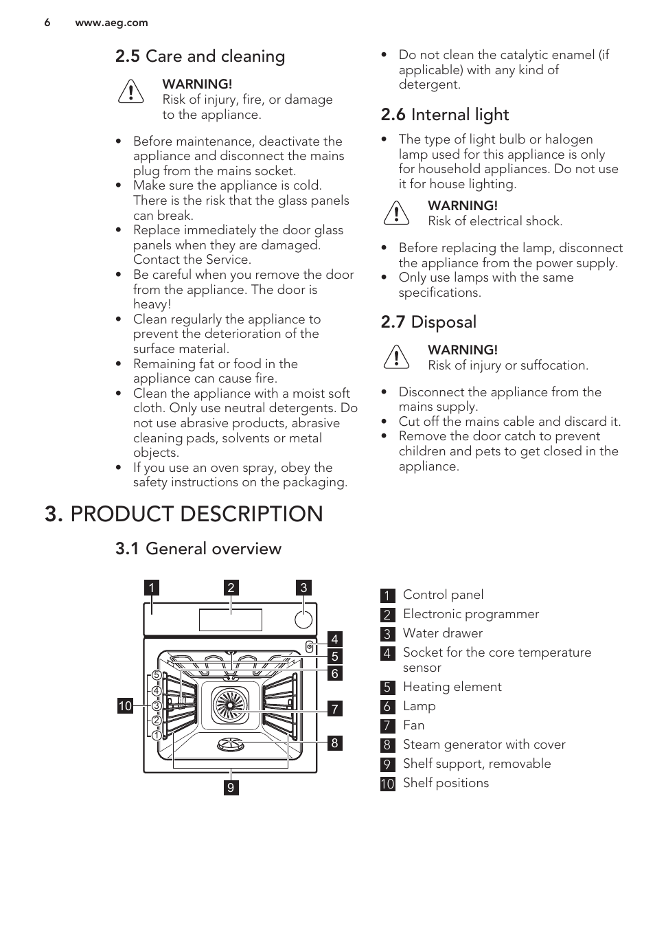 5 care and cleaning, 6 internal light, 7 disposal | Product description, 1 general overview | AEG BS7304021M User Manual | Page 6 / 48