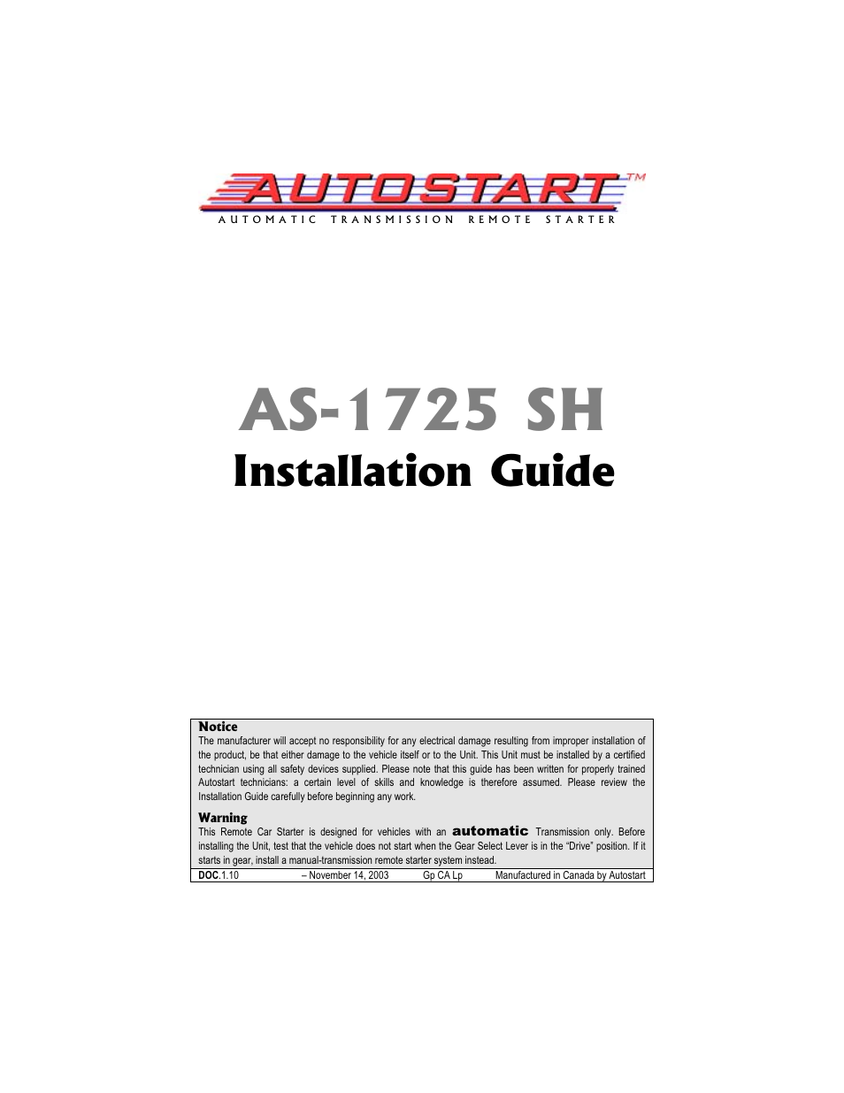 Autostart AS-1725 SH User Manual | 20 pages