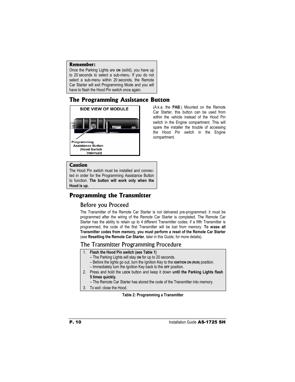 The programming assistance button, Programming the transmitter before you proceed, The transmitter programming procedure | Autostart AS-1725 SH User Manual | Page 10 / 20