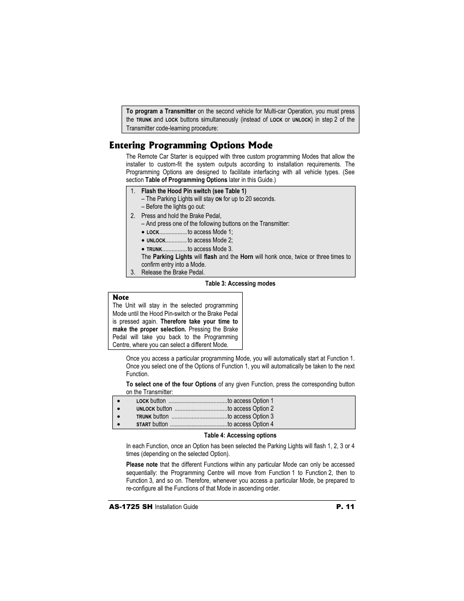 Entering programming options mode | Autostart AS-1725 SH User Manual | Page 11 / 20