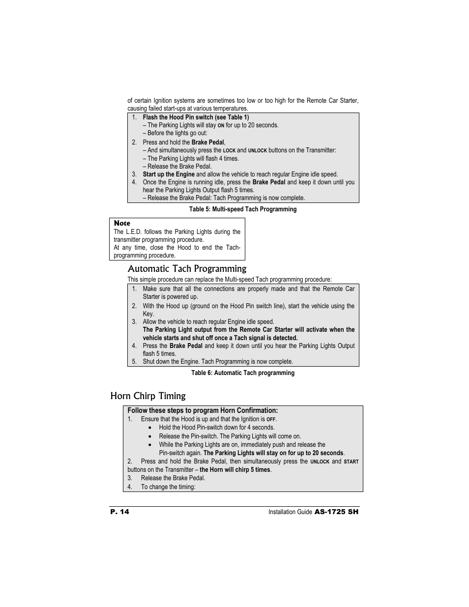 Automatic tach programming, Horn chirp timing | Autostart AS-1725 SH User Manual | Page 14 / 20