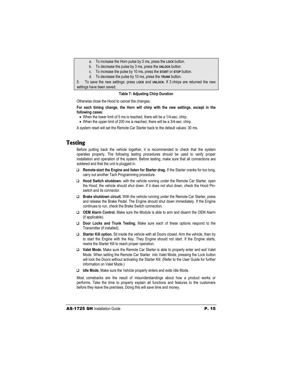 Testing | Autostart AS-1725 SH User Manual | Page 15 / 20