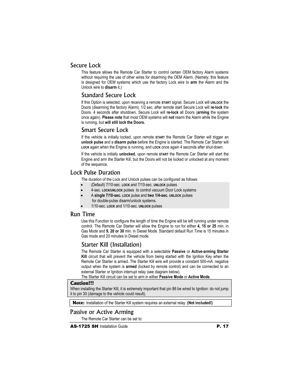 Secure lock, Standard secure lock, Smart secure lock | Lock pulse duration, Run time, Starter kill (installation), Passive or active arming | Autostart AS-1725 SH User Manual | Page 17 / 20