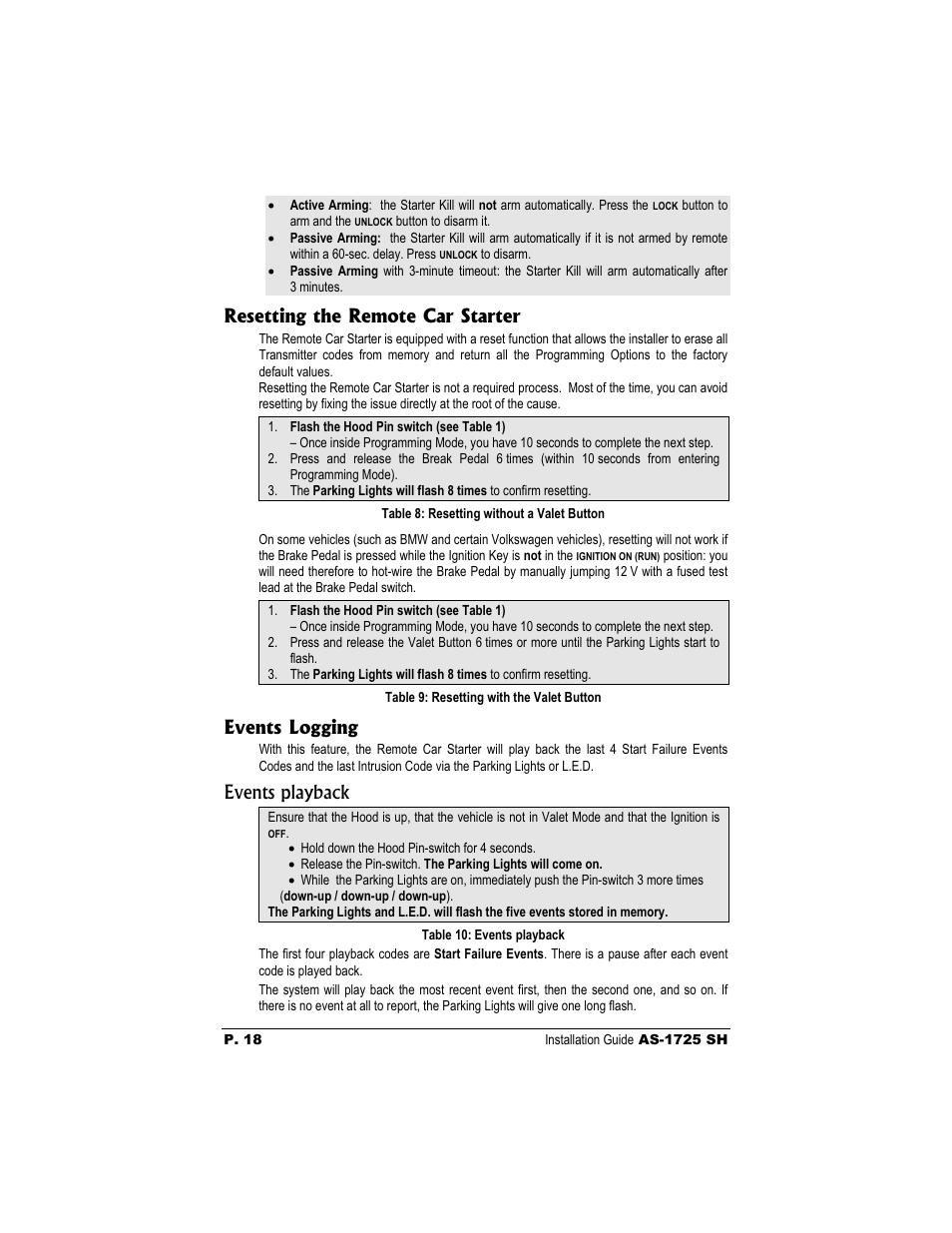 Resetting the remote car starter, Events logging, Events playback | Autostart AS-1725 SH User Manual | Page 18 / 20